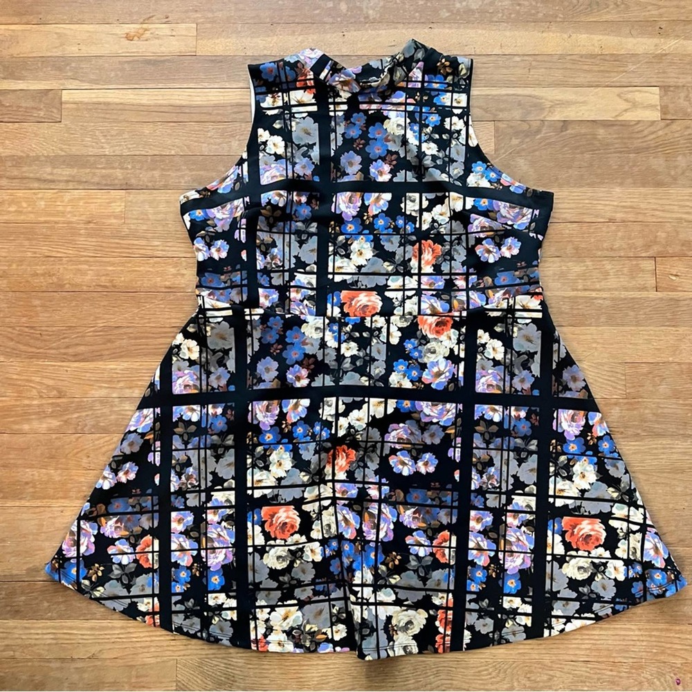 Floral Grid Sleeveless Fit & Flare Dress - Black Multicolor
